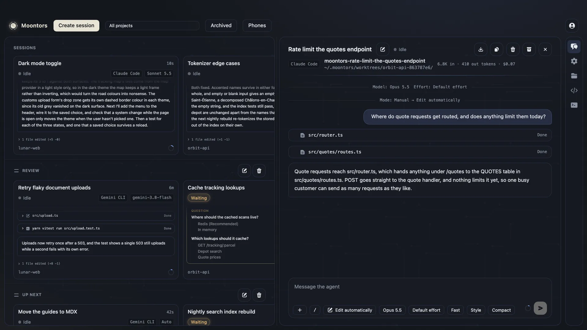 The board's sessions on the left; on the right, a Claude Code session's transcript, with its model, its folder, the files it read and its answer, then the message box